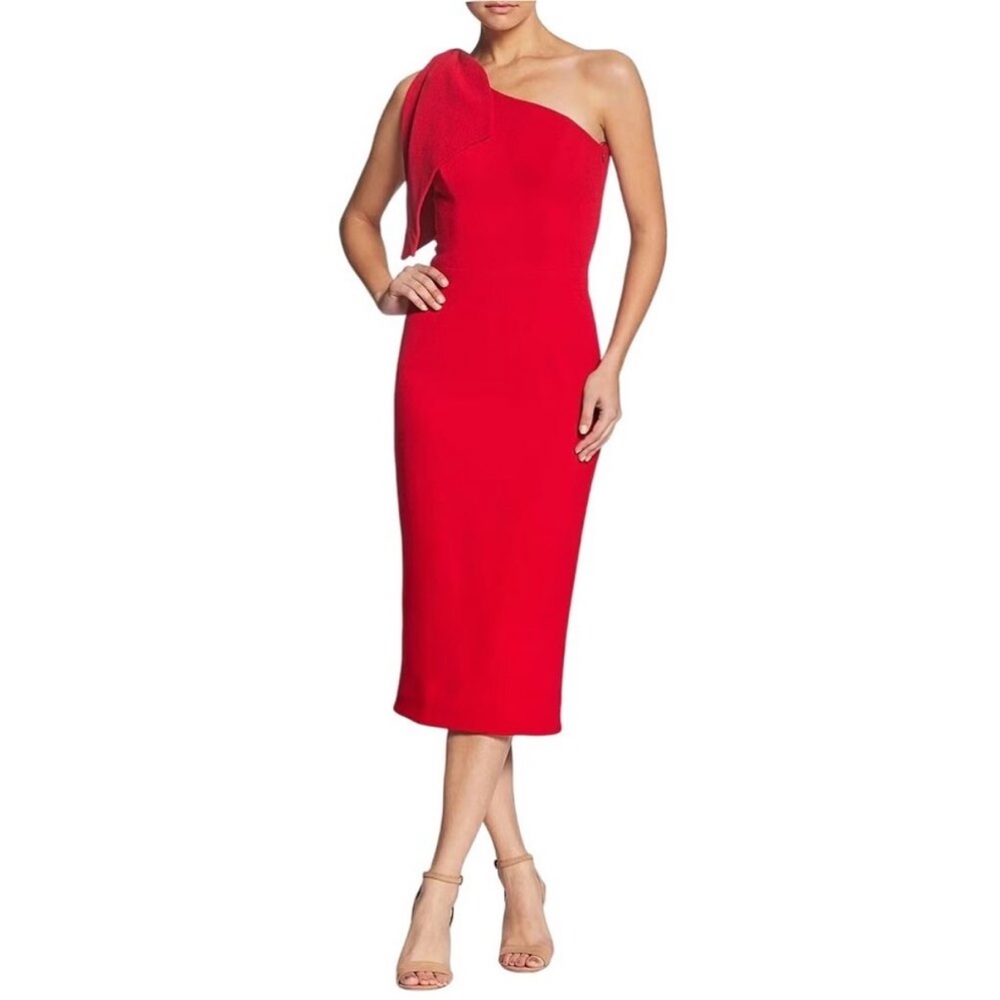Dress The Population NWT Tiffany One Shoulder Midi Dress Size XXS Red Bow Detail